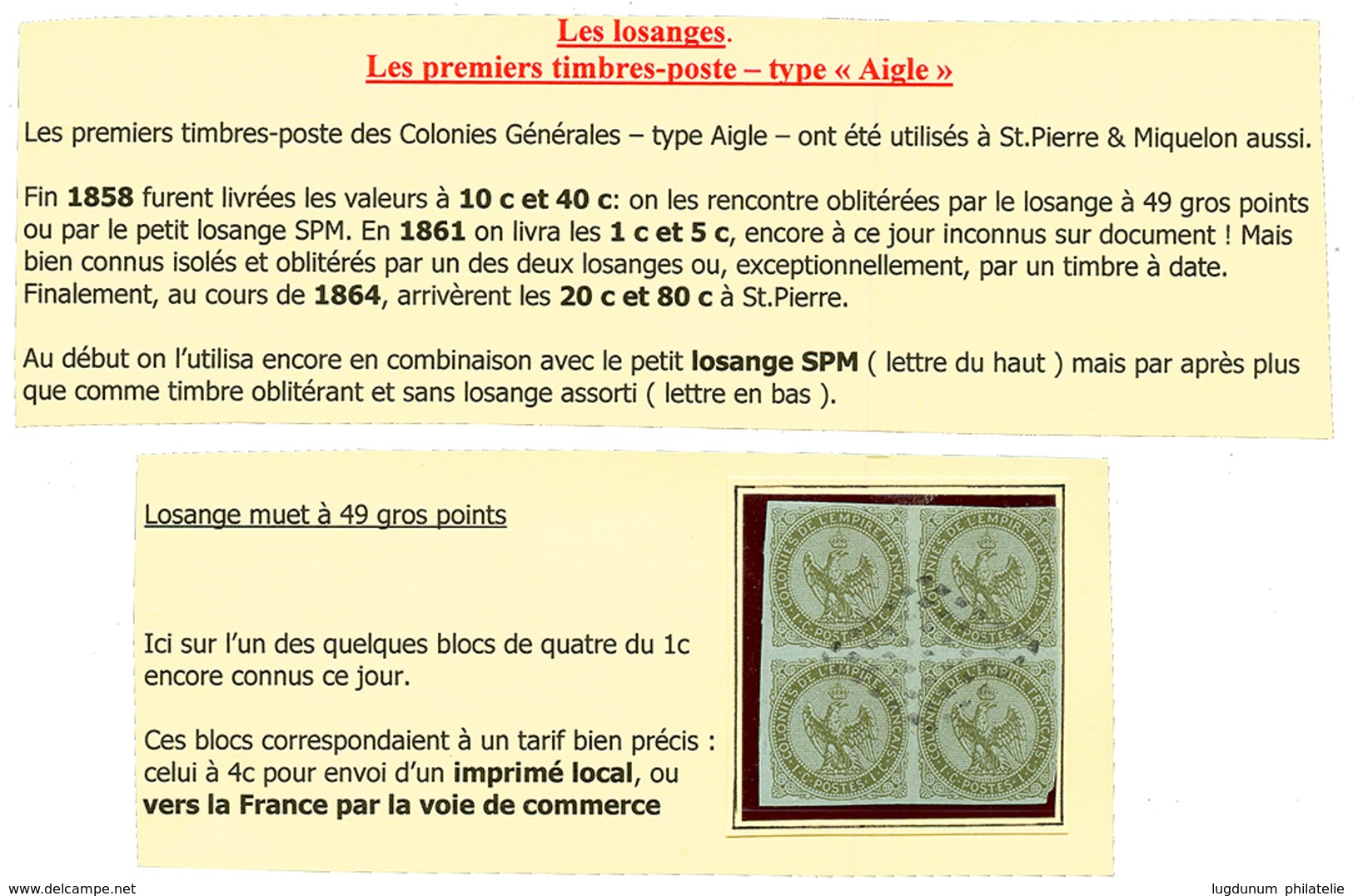 ST PIERRE ET MIQUELON - Losange GROS POINTS : Rarissime Bloc De 4 Du 1c AIGLE ( Un Timbre Pd) Obl. Losange De GROS POINT - Altri & Non Classificati