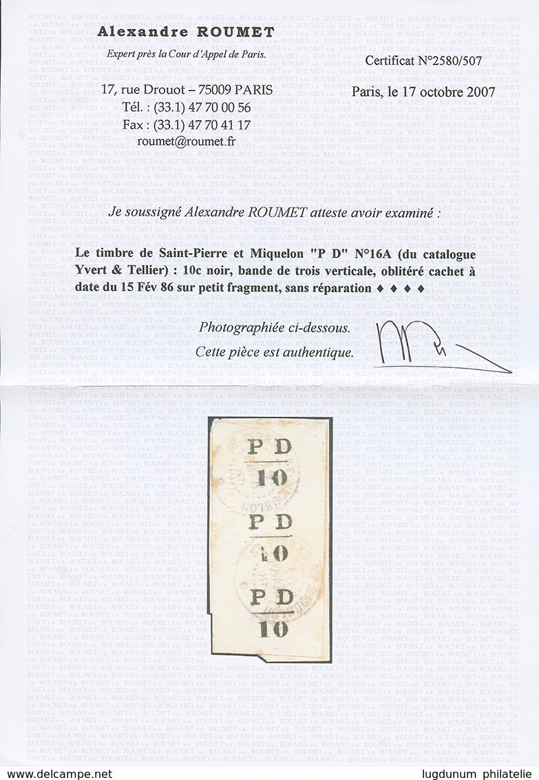 ST PIERRE ET MIQUELON - Emission Provisoire : 10c (n°16A) Bande De 3 Obl. Sur Fragment. Quelques Tâches De Colle (timbre - Andere & Zonder Classificatie