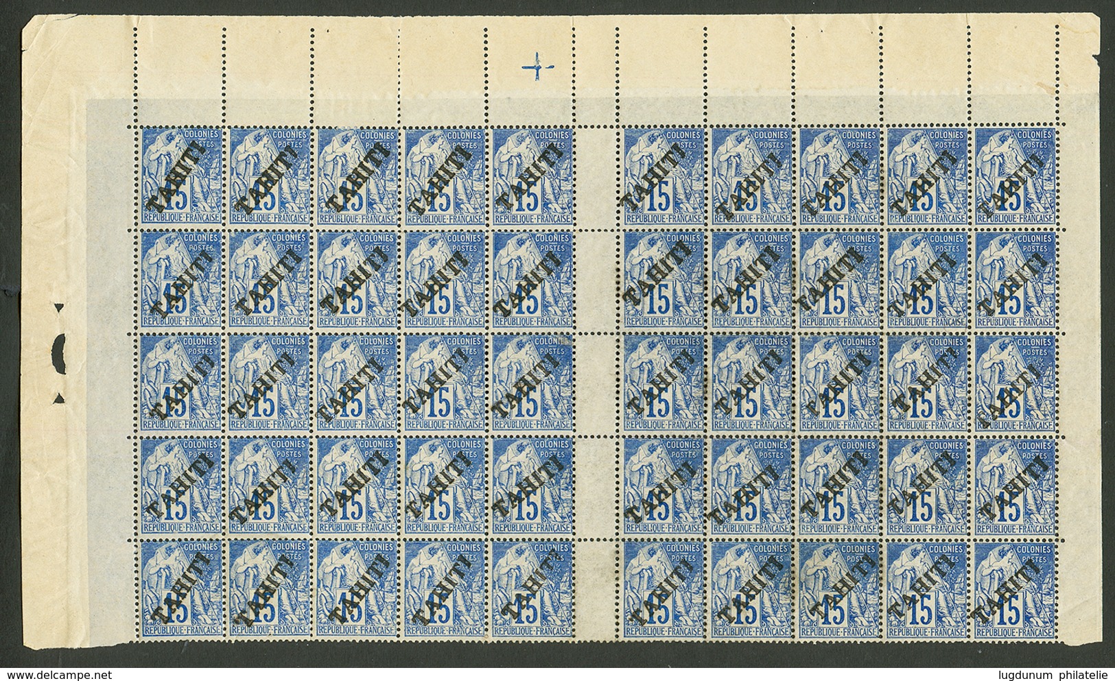 TAHITI : 15c (n°12) Demi Feuille De 50 Neuf ** (3 Ex. *) Avec 5 Paires INTER PANNEAU. Cote Des Timbres Détachés Avec Cha - Sonstige & Ohne Zuordnung