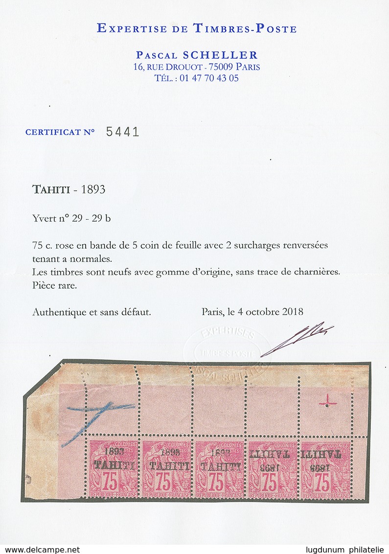 TAHITI : 75c (n°29) Bande De 5 Coin De Feuille Avec 2 Surcharges Renversées Tenant à Normal, Neuf ** Sans Trace De Charn - Andere & Zonder Classificatie