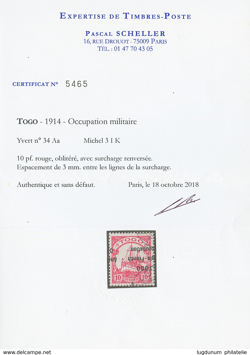 TOGO - ANGLO FRENCH OCCUPATION : 10pf Surcharge Renversée (Yvert N°34Aa, Michel 31K) Oblitéré. Cote 6500€. Certificats B - Other & Unclassified