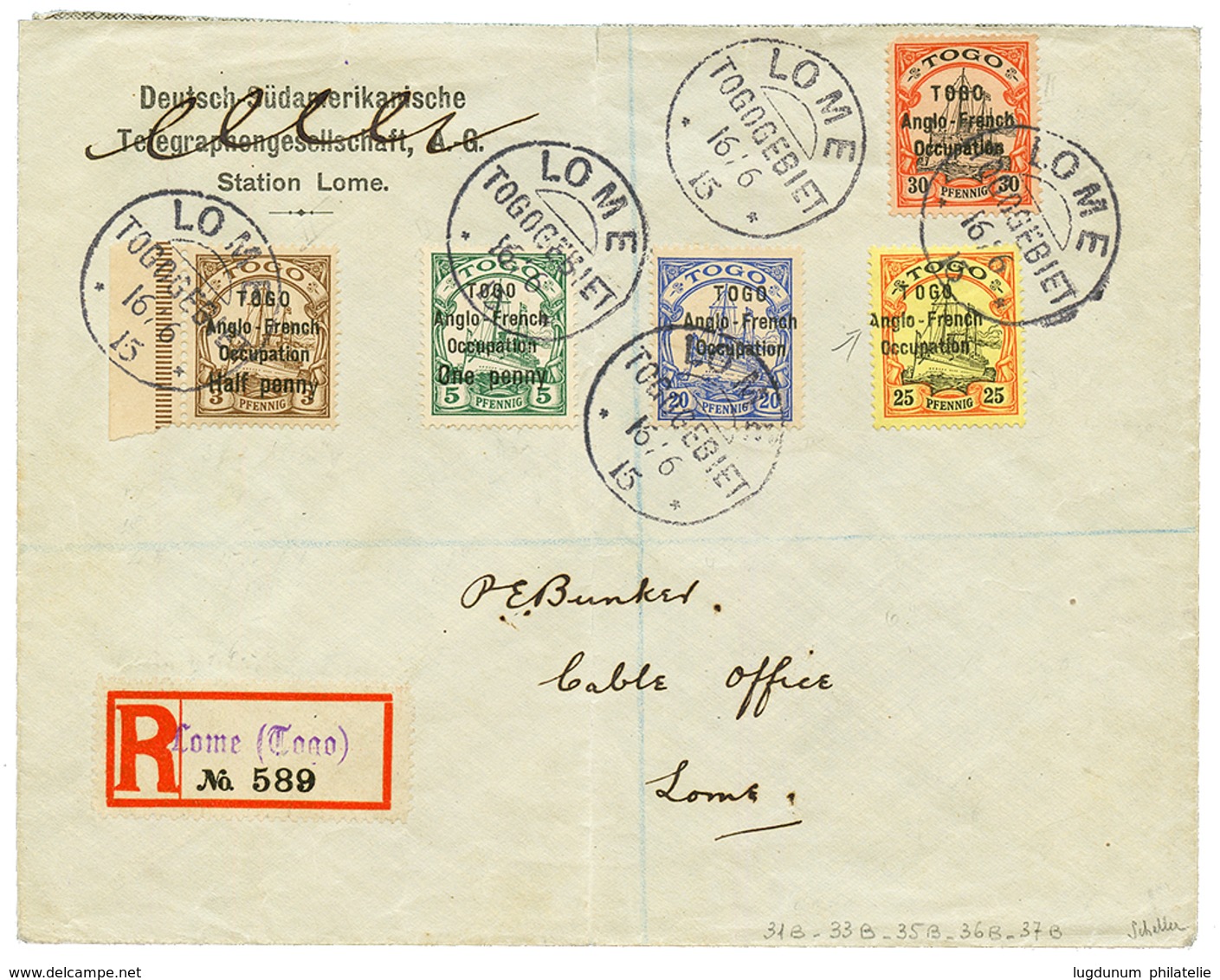 TOGO - ANGLO FRENCH OCCUPATION : 1915 N°31B + N°33B+ N°35B+ N°36B+ N°37B Obl. LOME Sur Lettre. Signé SCHELLER.RARE. TTB. - Sonstige & Ohne Zuordnung