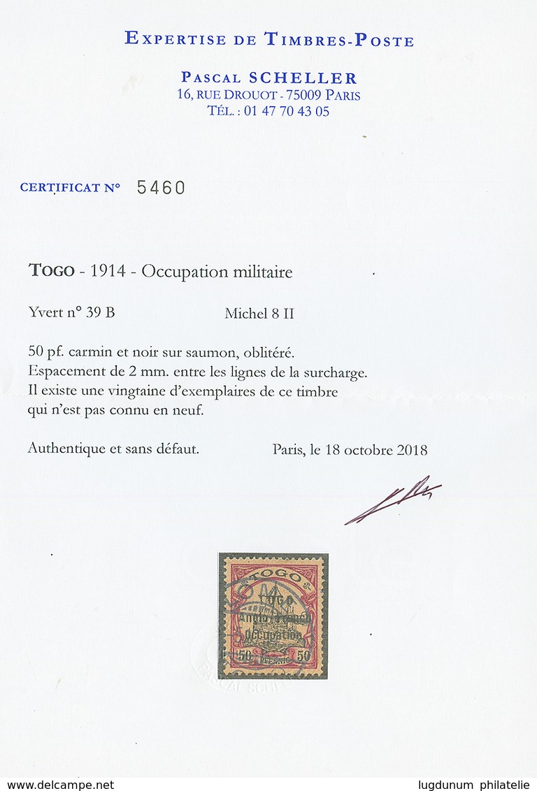 TOGO - ANGLO FRENCH OCCUPATION : 80pf (n°39B) Surcharge A Espacement étroit (2 Mm) Obl. LOME. Cote 17 000€. Certificats  - Sonstige & Ohne Zuordnung