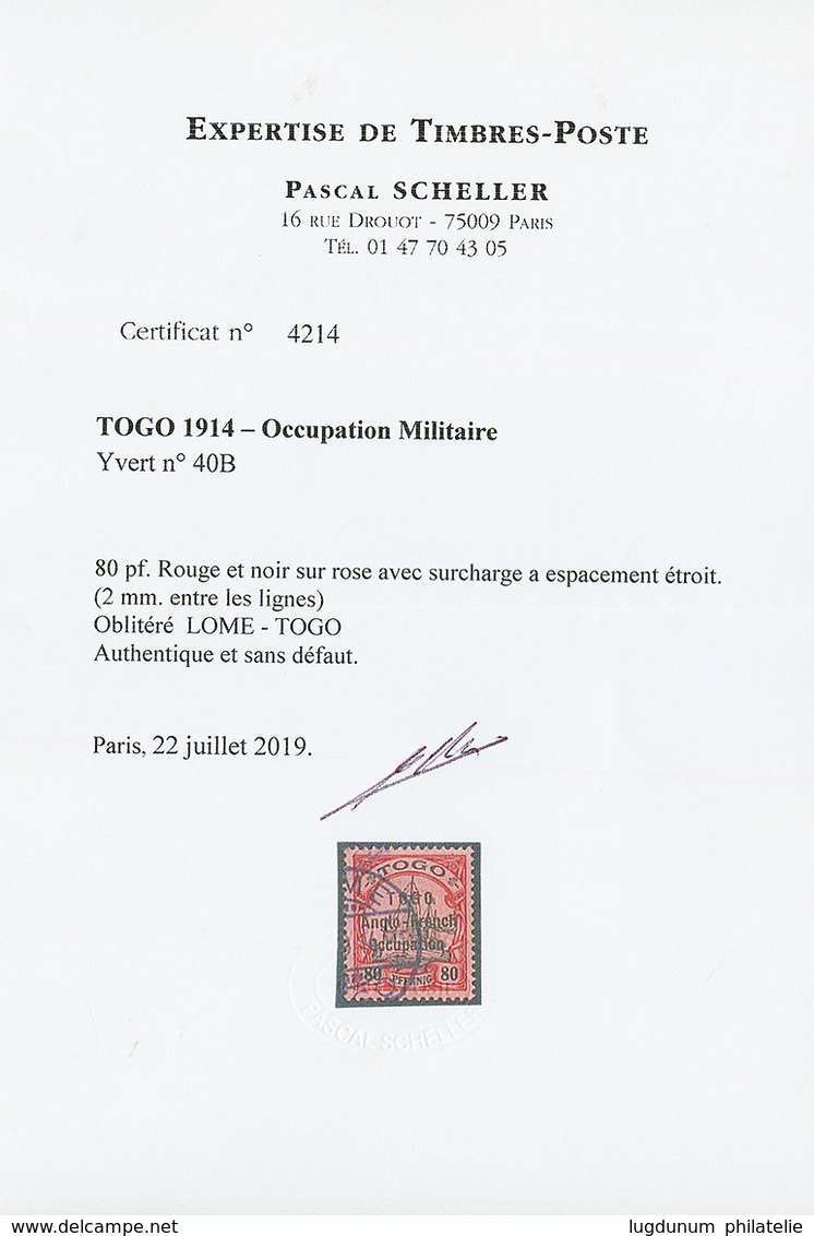 TOGO - ANGLO FRENCH OCCUPATION : 80pf (n°40B) Surcharge A Espacement étroit (2 Mm) Oblitéré. Cote 5300€. Tirage 25. Cert - Sonstige & Ohne Zuordnung