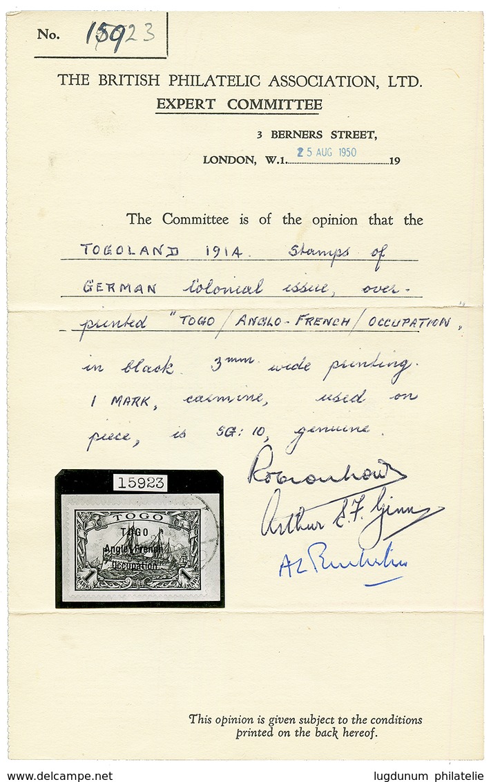 TOGO - ANGLO FRENCH OCCUPATION : 1 MARK Espacement De 3mm (n°41) Obl. Sur Fragment. Cote 5300€. Tirage 100. Certificats  - Sonstige & Ohne Zuordnung