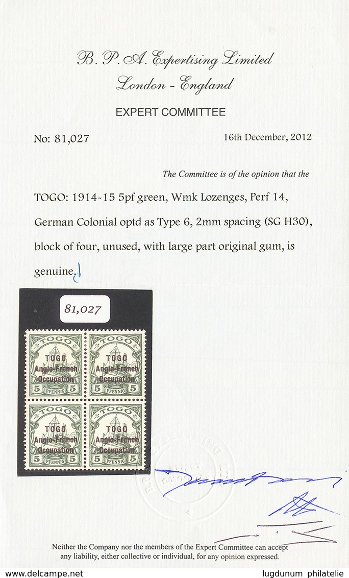 TOGO - ANGLO FRENCH OCCUPATION - Tirage De SANSANE MANGU : 5pf (n°55) Bloc De 4 Neuf (2 Timbres Du Haut *, 2 Timbres Du  - Other & Unclassified