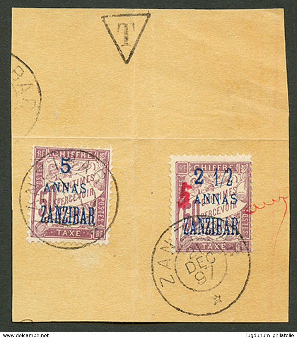 ZANZIBAR : ERREUR Corrigée à La Plume. 5 En Rouge Sur 2 1/2a Sur 50c (n°5b) + N°5 Obl. Sur Fragment. Trés Rare. Cote 5 5 - Other & Unclassified