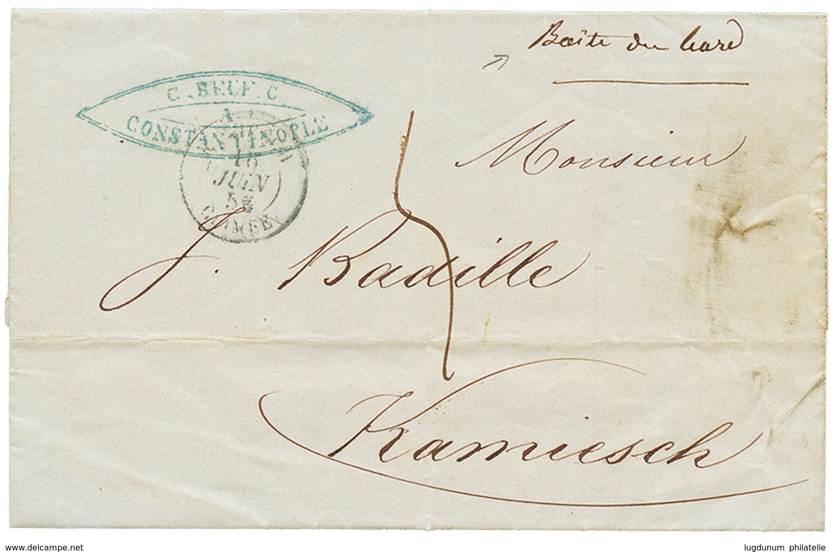 "GUERRE De CRIMEE - Tarif Intérieur" : 1856 "BOITE DU BORD" Manuscrit + Taxe 5 + KAMIESH CRIMEE 16 Juin 56 Sur Lettre Av - Army Postmarks (before 1900)