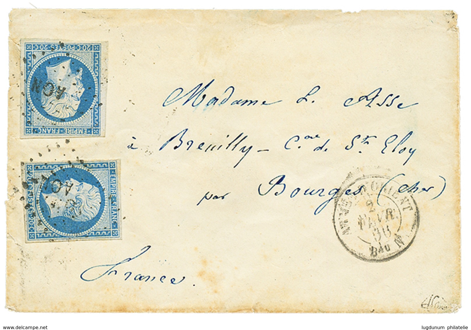 "BUREAU N - Double Port" : 1856 20c(n°14)x2 TB Margés Obl. AON + ARMEE D'ORIENT Bau N Sur Enveloppe Pour La FRANCE. RARE - Armeestempel (vor 1900)