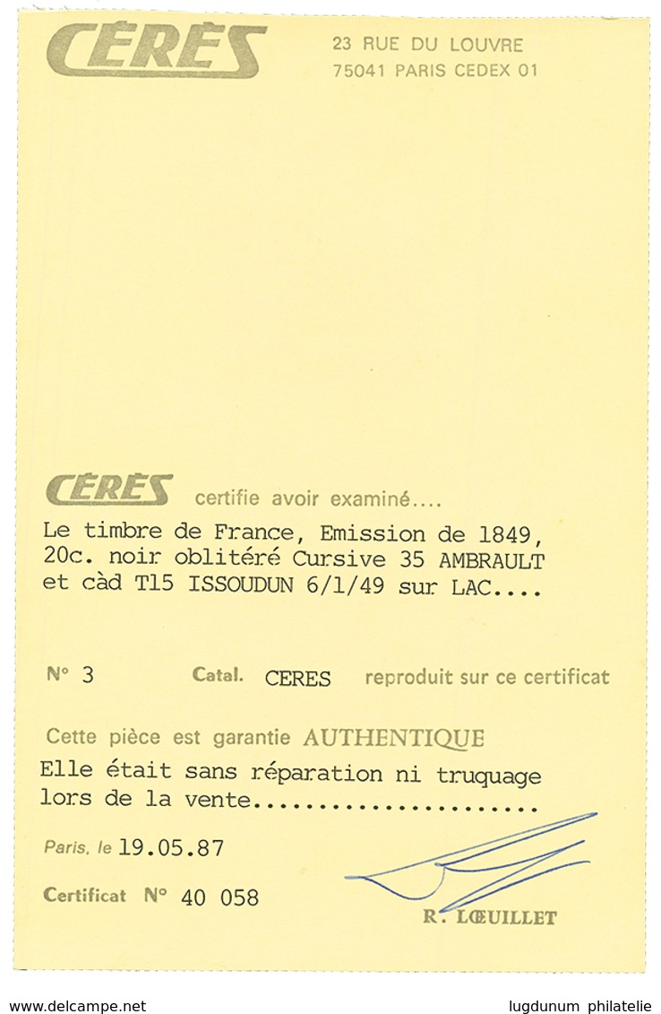 "Cursive Sur 20c Noir" : 20c (n°3) TB Margé Obl. Cursive 35 AMBRAULT + T.15 ISSOUDIN 6 Janv. 49 Sur Lettre Pour PERIGEUX - 1849-1850 Cérès