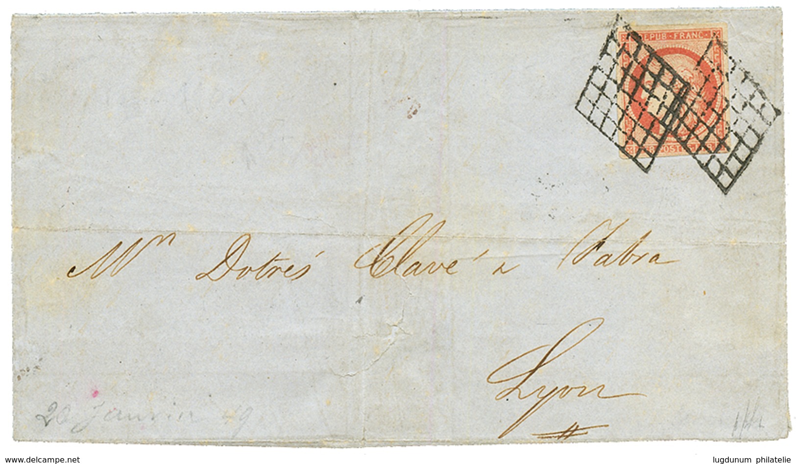 "1F VERMILLON" : 1849 1F VERMILLON (n°7) TB Margé Obl. Grille Sur Lettre Pour LYON. Certificat SCHELLER (2008). RARE. Co - 1849-1850 Ceres