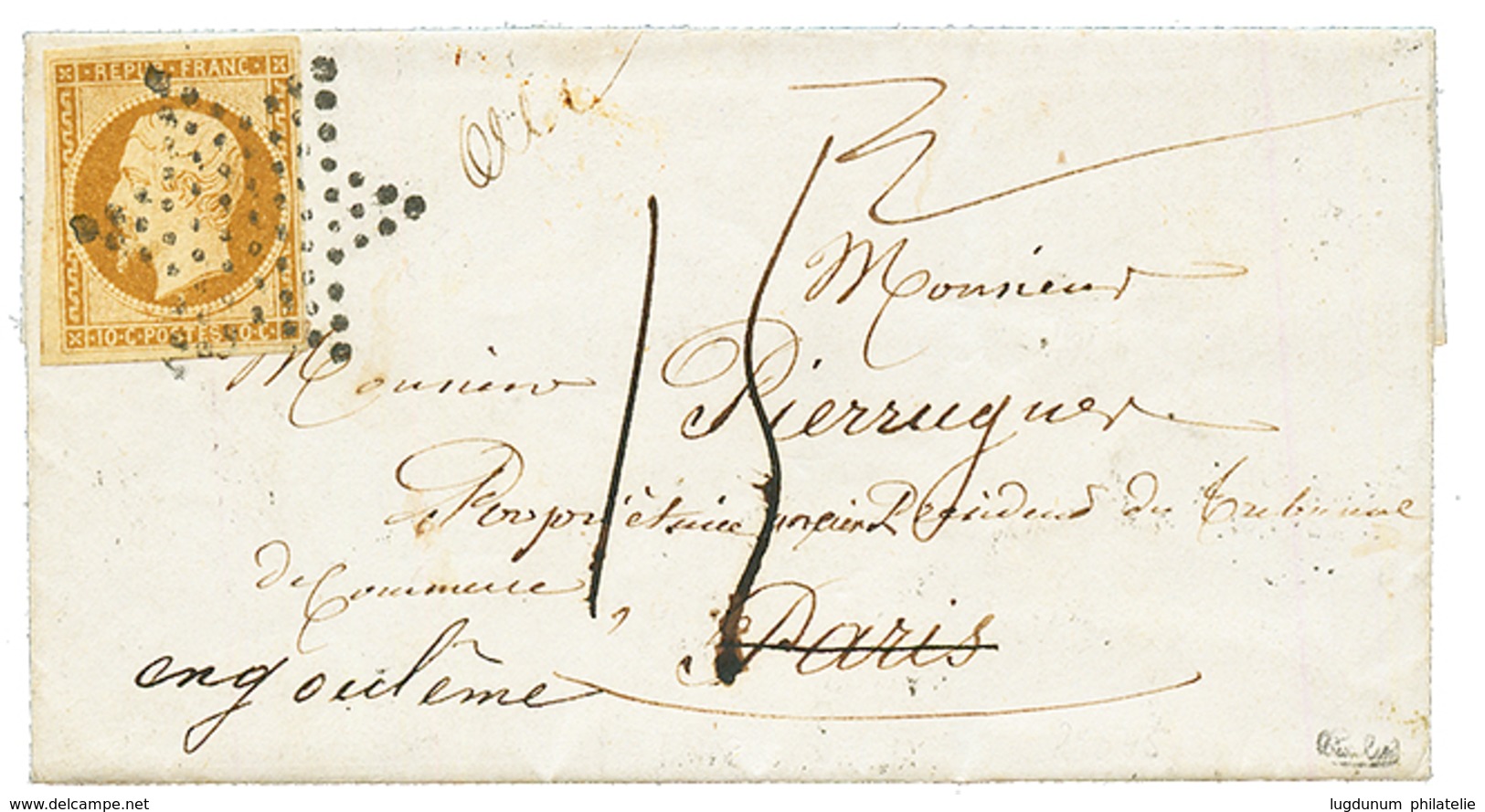 1853 10c PRESIDENCE (n°9) TB Margé Obl. Etoile + Taxe "15" Manuscrite Sur Lettre Avec Texte Pour PARIS, Réexpédiée à ANG - 1853-1860 Napoleon III