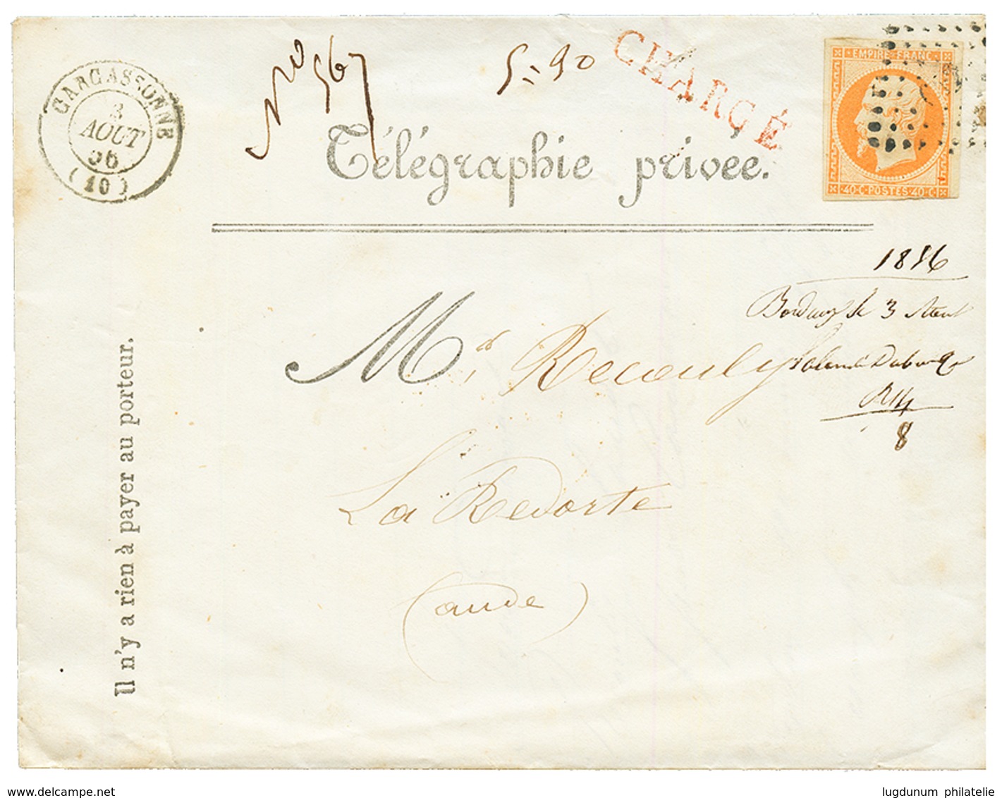 1856 40c (n°16) Pd Sur Enveloppe TELEGRAMME CHARGEE De CARCASSONNE. RARE. TB. - 1853-1860 Napoleon III