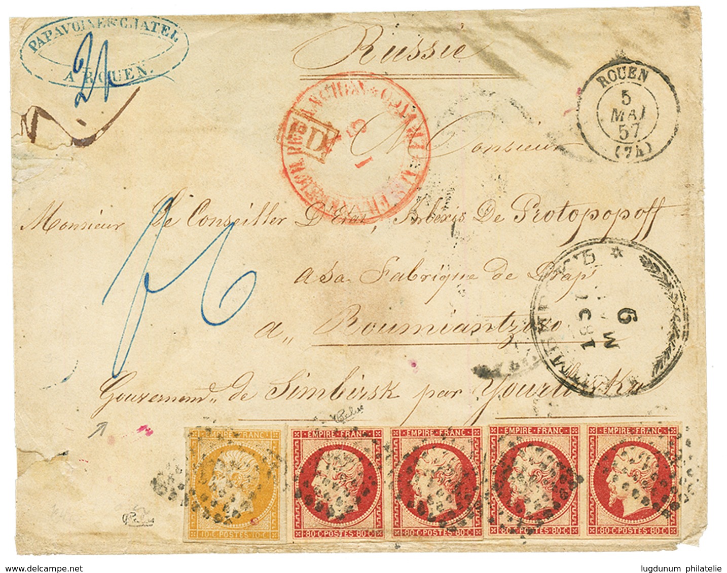 "Affrt à 3F30 Pour SIMBIRSK (RUSSIE) " : 1857 2 Paires Du 80c (n°17) + 10c (n°13) Tous TB Margés Sur Enveloppe (pd) De R - 1853-1860 Napoléon III.