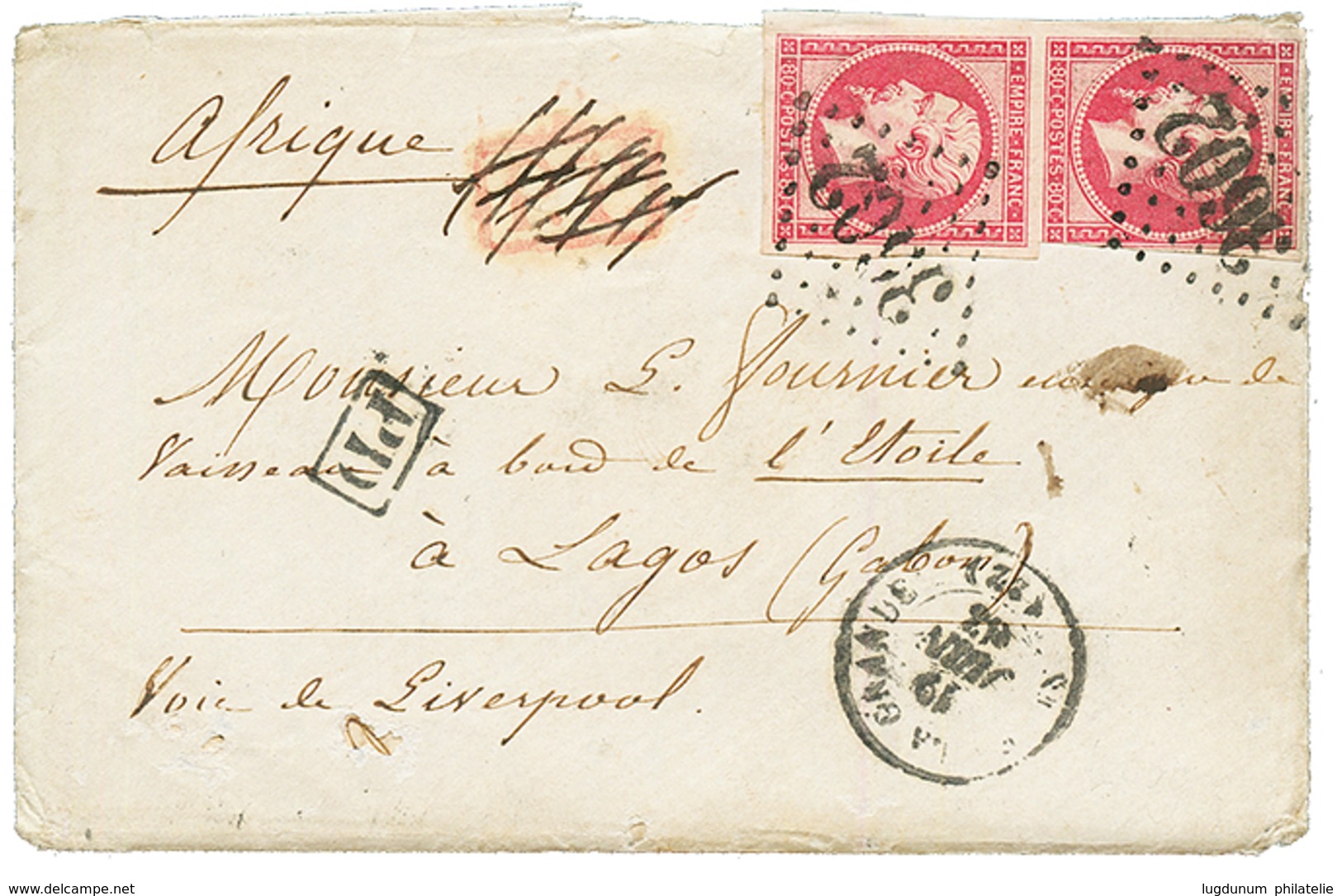 "Double Port à 1F60 Pour LAGOS" : 1862 80c (n°17)x2 Obl. GC 3602 Sur Enveloppe Avec Texte Pour LAGOS. Un Timbre Pd. Dest - 1853-1860 Napoléon III.