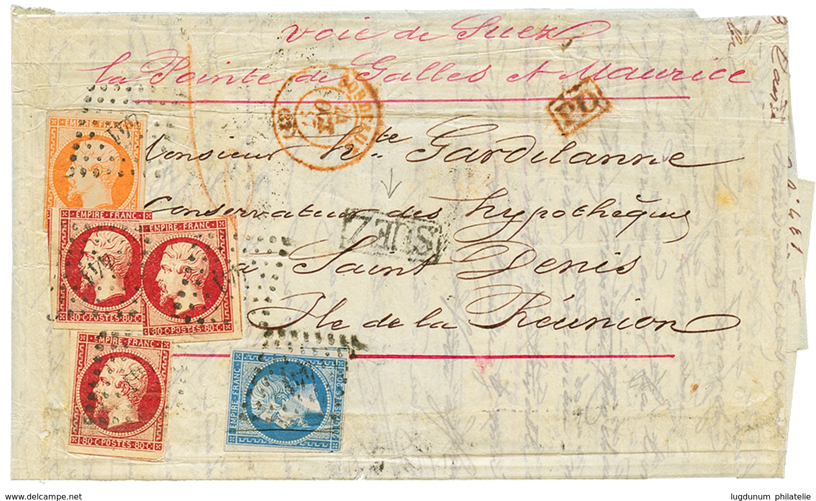 "VOIE De SUEZ" : 1857 20c(n°14) + 40c (n°16) + 80c (n°17)x3 Obl. PC 441 + T.15 BORDEAUX Rouge + Cachet Rare SUEZ Encadré - 1853-1860 Napoléon III