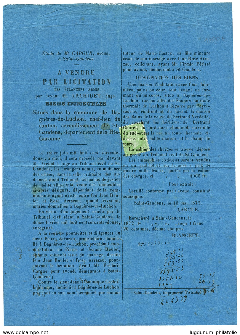 1872 5c (n°20) Obl. TYPO. Sur Affiche Complète (liquidation Judiciaire). RARETE. Cote CERES = 2700€. Superbe. - 1863-1870 Napoléon III. Laure
