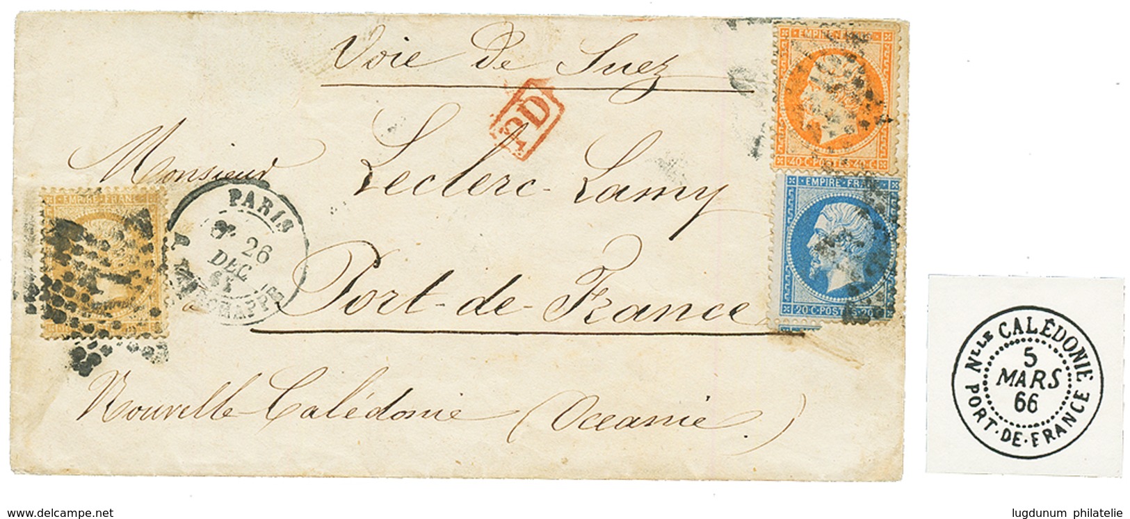 "Destination PORT DE FRANCE (NOUVELLE CALEDONIE)" : 1866 10c + 20c + 40c Sur Enveloppe De PARIS Pour PORT DE FRANCE. Ver - 1863-1870 Napoléon III. Laure