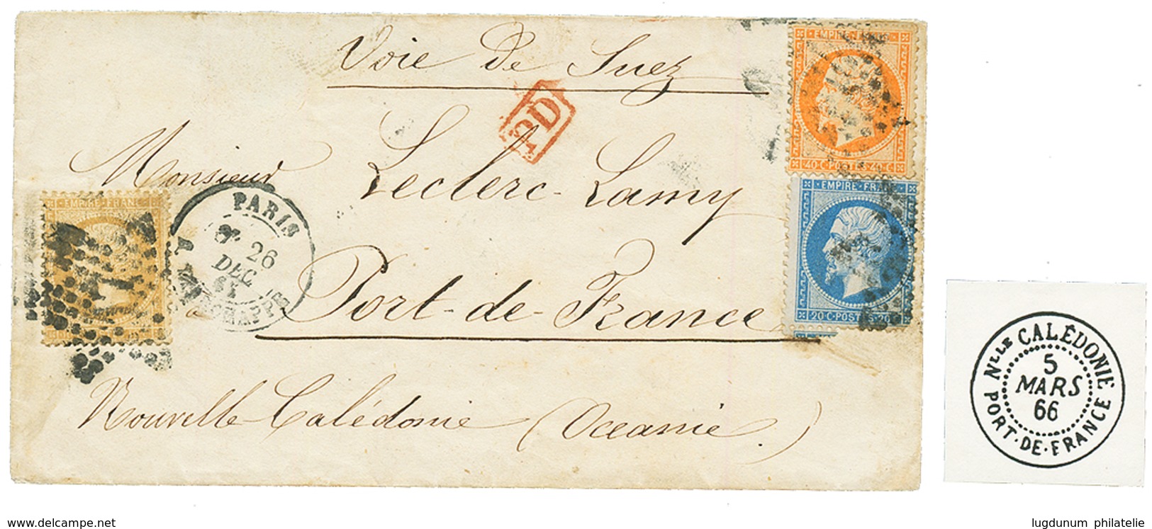 "Destination PORT DE FRANCE (NOUVELLE CALEDONIE)" : 1866 10c + 20c + 40c Sur Enveloppe De PARIS Pour PORT DE FRANCE. Ver - 1863-1870 Napoleon III With Laurels