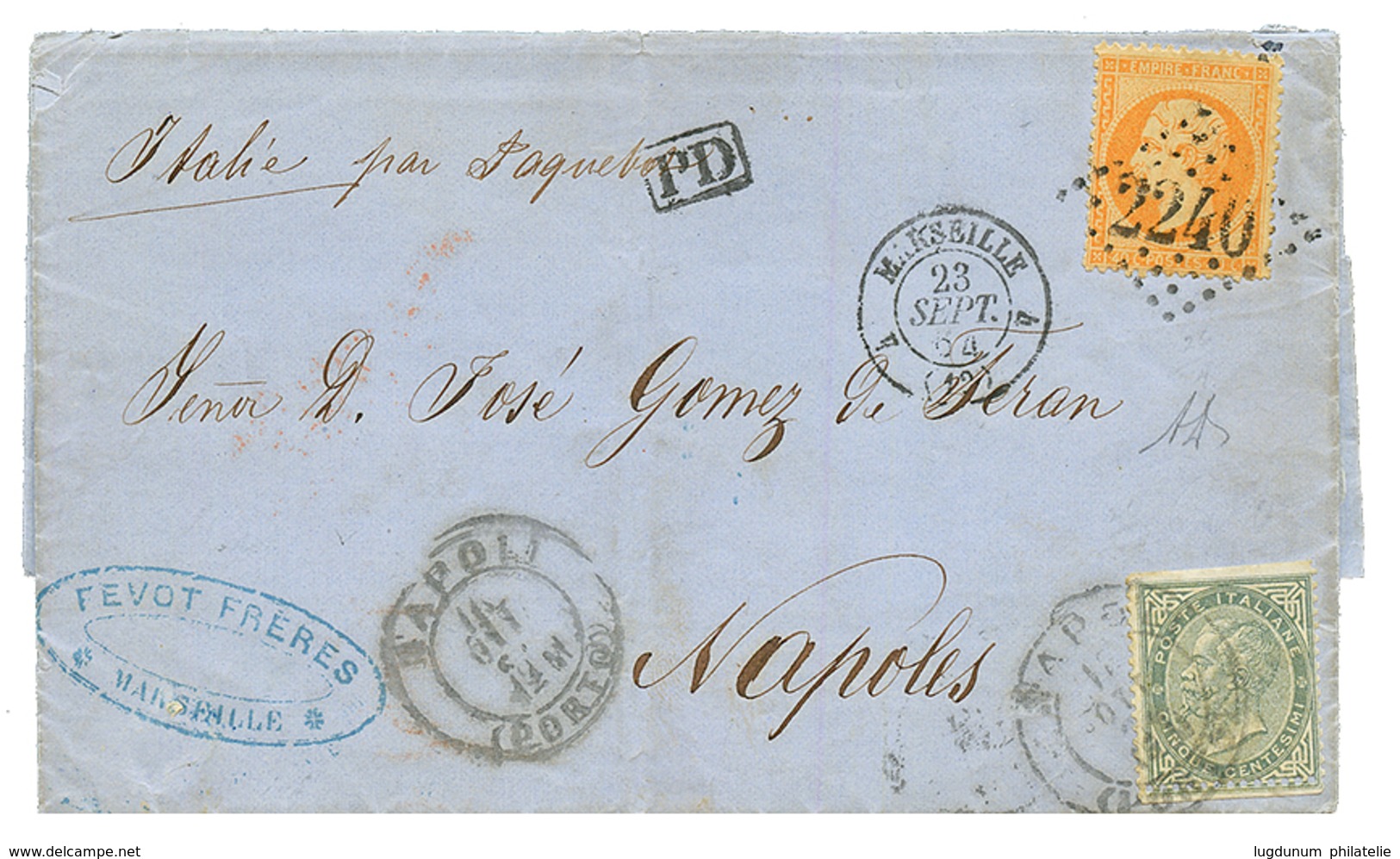 1864 40c (n°23) Obl. GC 2240 + ITALIE 5c (pd) Obl. NAPOLI Sur Lettre De MARSEILLE Pour NAPOLES. Verso, "NON CONOSCIUTO + - 1863-1870 Napoléon III. Laure