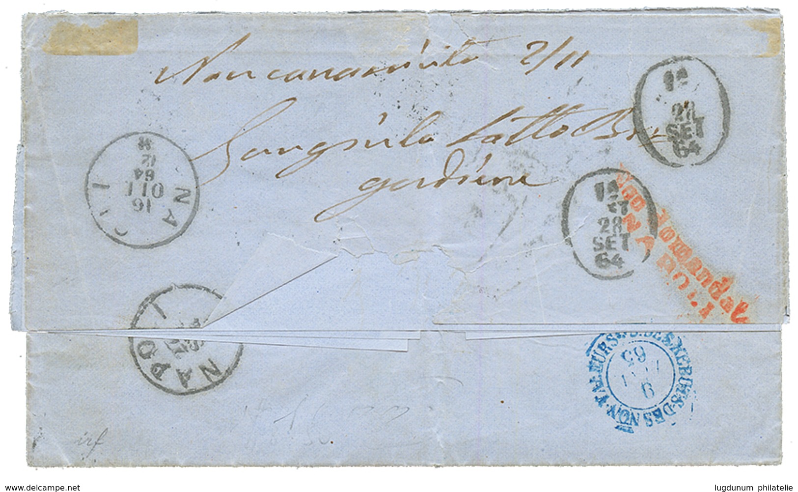 1864 40c (n°23) Obl. GC 2240 + ITALIE 5c (pd) Obl. NAPOLI Sur Lettre De MARSEILLE Pour NAPOLES. Verso, "NON CONOSCIUTO + - 1863-1870 Napoléon III. Laure