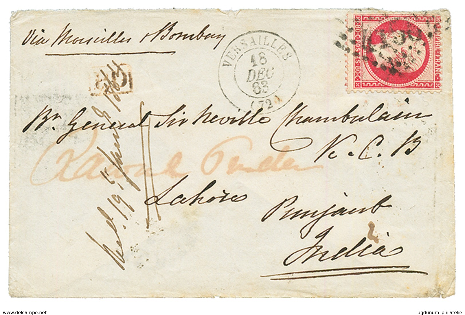 1863 80c (n°24) Obl. GC 4156 + VERSAILLES Sur Enveloppe Pour Le GENERAL "Sir NEVILLE CHAMBERLAIN", à LAHORE PUNJAB En IN - 1863-1870 Napoléon III. Laure