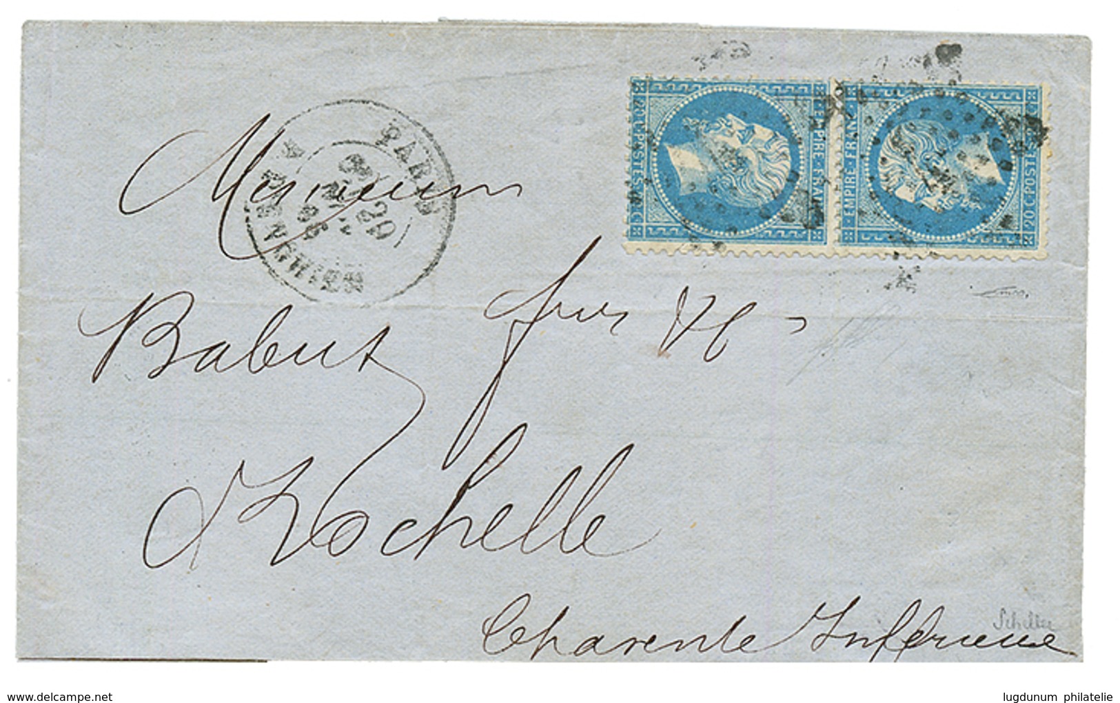 "TÊTE-BÊCHE" : 1866 Paire TÊTE-BÊCHE 20c (n°22b) Obl. Etoile + PARIS R. D'ENGHIEN Sur Lettre Pour LA ROCHELLE. Cote 3500 - 1863-1870 Napoleon III With Laurels