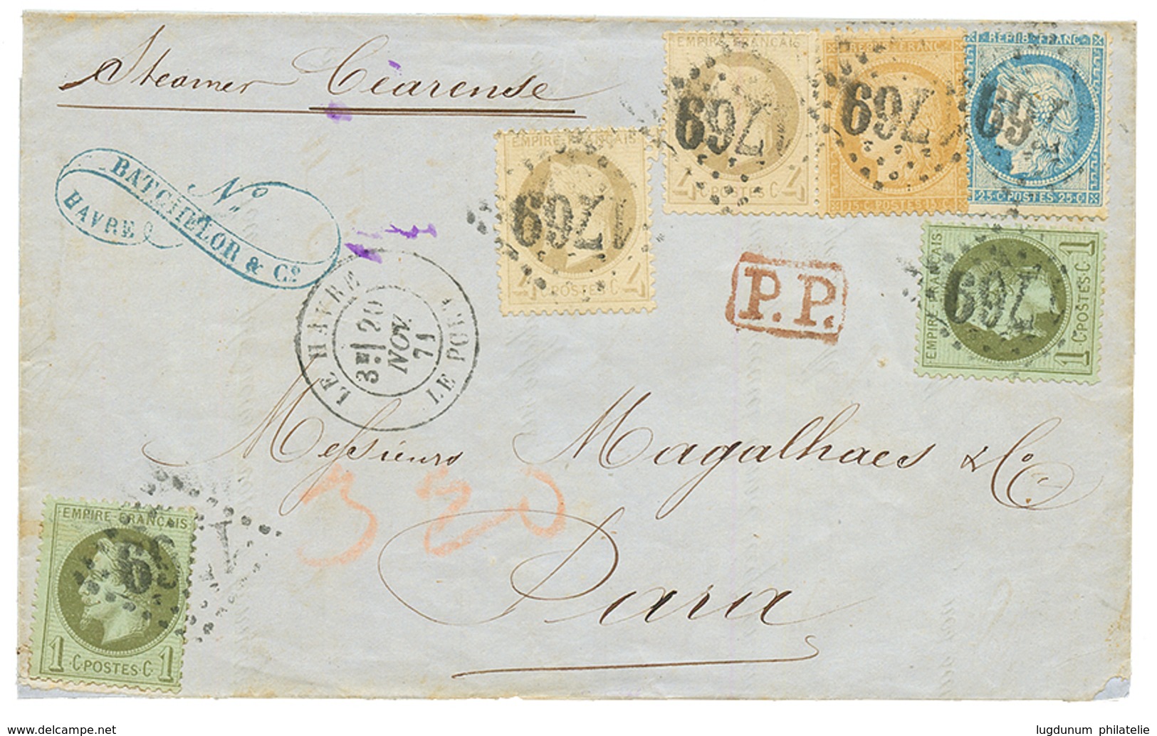 1871 1c (n°25) X2+ 4c (n°27)x2 + 15c CERES + 25c CERES Obl. GC 1769 + LE HAVRE LE PORT Sur Lettre Pour PARA ( BRAZIL ).  - 1863-1870 Napoleon III With Laurels