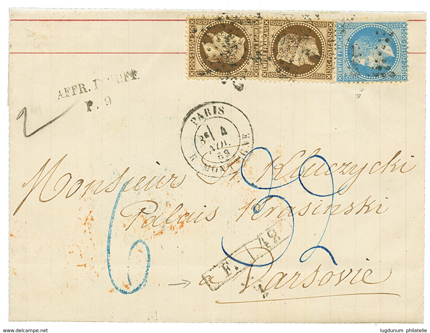 1869 20c (n°29) + 30c (n°30)x2 + AFFR. INSUFF./ P.9 + Taxe 6 Bleue + MArque D' Echange F./42 Sur Lettre De PARIS Pour VA - 1863-1870 Napoleon III With Laurels