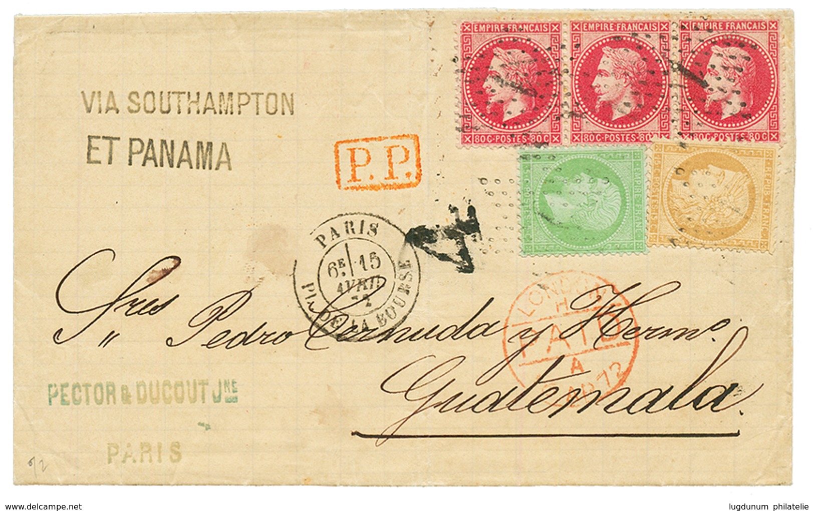 "Affrt à 2F60 Pour Le GUATEMALA" : 1872 80c (n°32) Bande De 3 + 5c Empire + 15c CERES Sur Lettre Avec Texte De PARIS Pou - 1863-1870 Napoleon III With Laurels