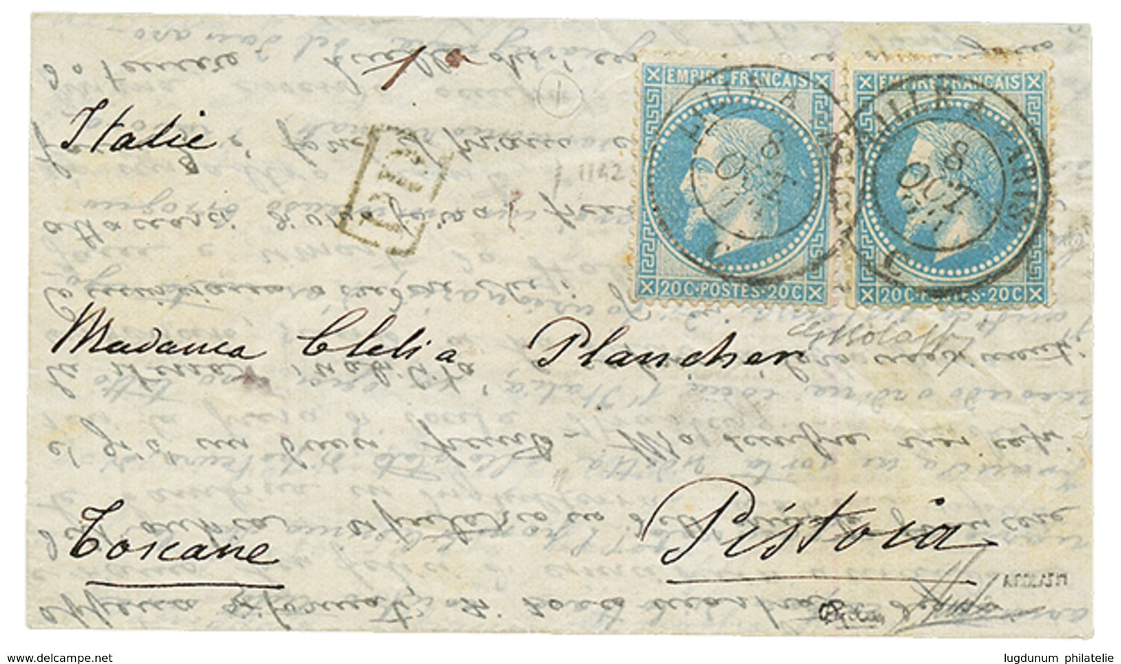 "Pli Confié GEORGES SAND Pour L' ITALIE" : 1870 20c (n°29)x2 Obl. Ambulant LILLE A PARIS 8 Oct 70 Sur Lettre PAR BALLON  - War 1870