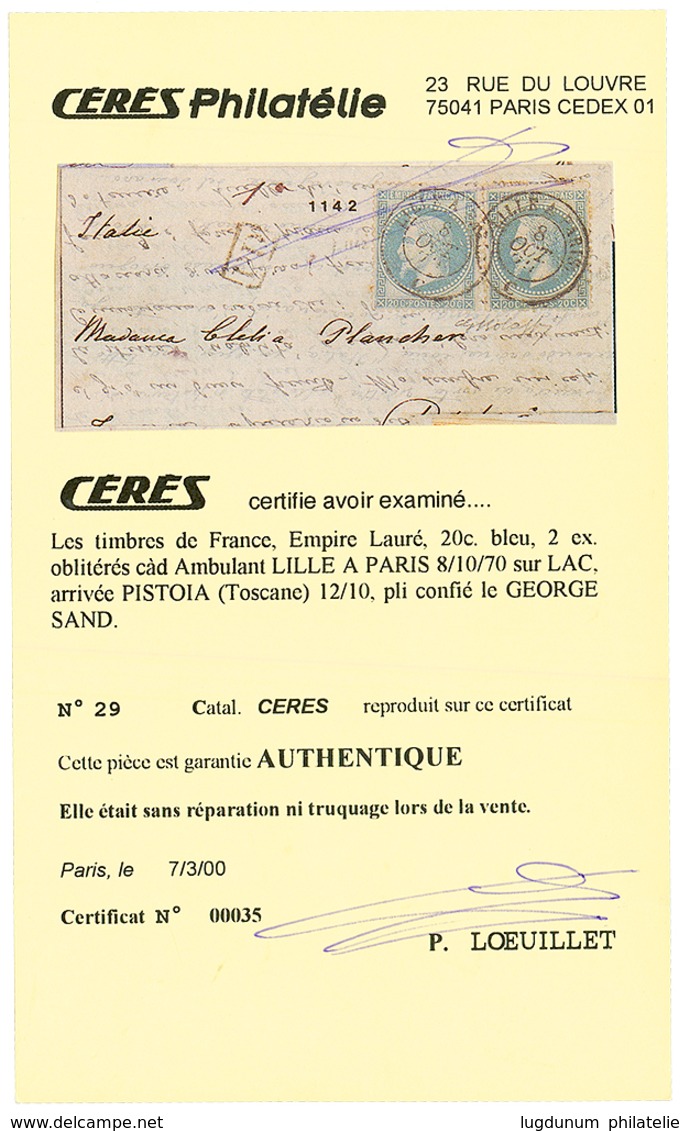 "Pli Confié GEORGES SAND Pour L' ITALIE" : 1870 20c (n°29)x2 Obl. Ambulant LILLE A PARIS 8 Oct 70 Sur Lettre PAR BALLON  - War 1870