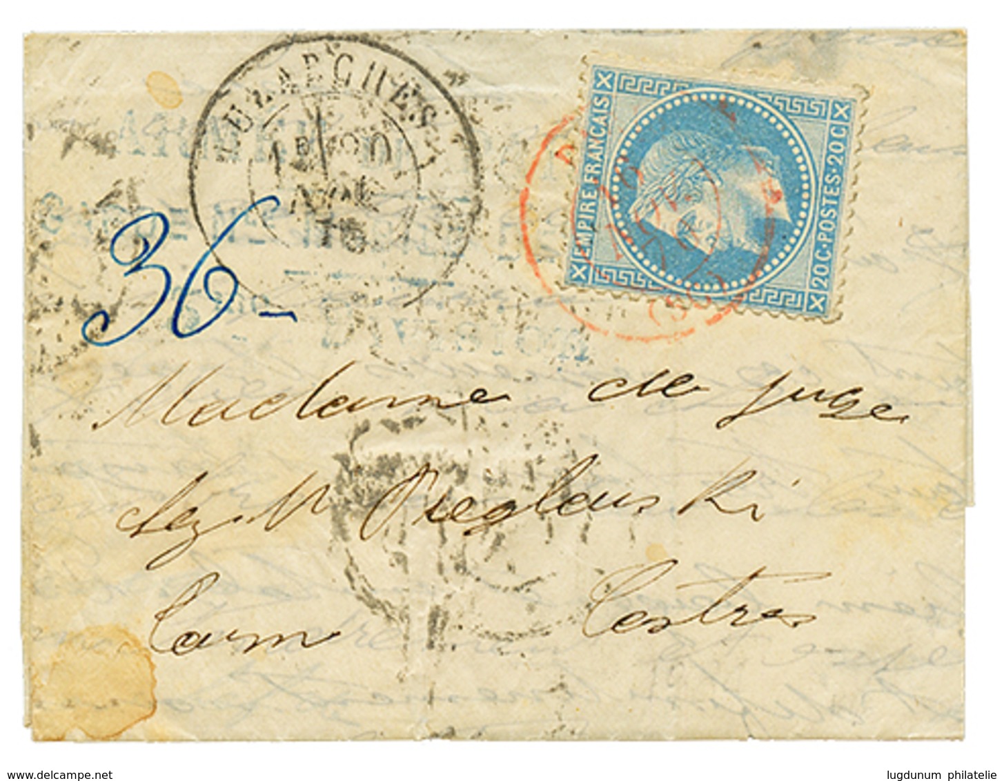 1870 20c(n°29) Obl. PARIS SC 16 Nov 70 Rouge + Cachet De Passage LUZARCHES 20 Nov 70 (cote +875€) Sur Lettre Avec Texte  - Krieg 1870