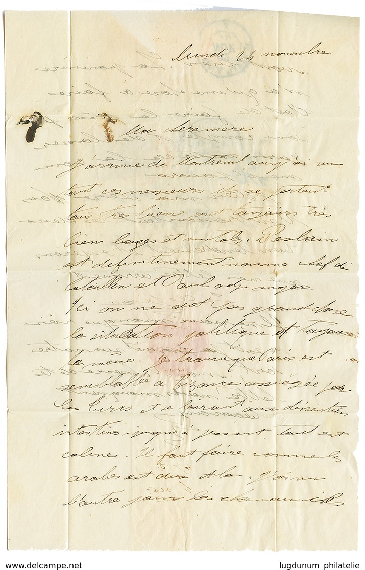 1870 20c(n°29) Obl. PARIS SC 16 Nov 70 Rouge + Cachet De Passage LUZARCHES 20 Nov 70 (cote +875€) Sur Lettre Avec Texte  - War 1870