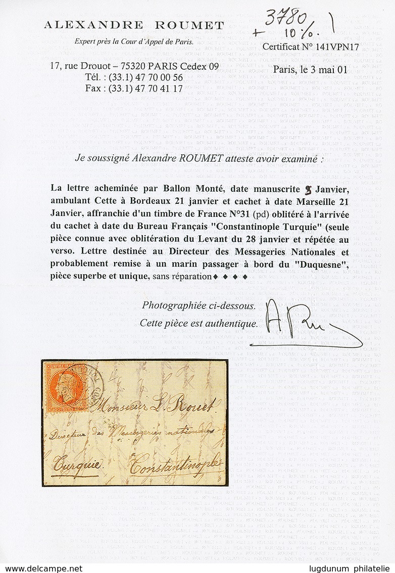 "BALLON MONTE Avec Oblitération Du LEVANT" : 40c (n°31) Obl. Cachet CONSTANTINOPLE TURQUIE 28 Janv 71 Sur Lettre Avec Te - War 1870