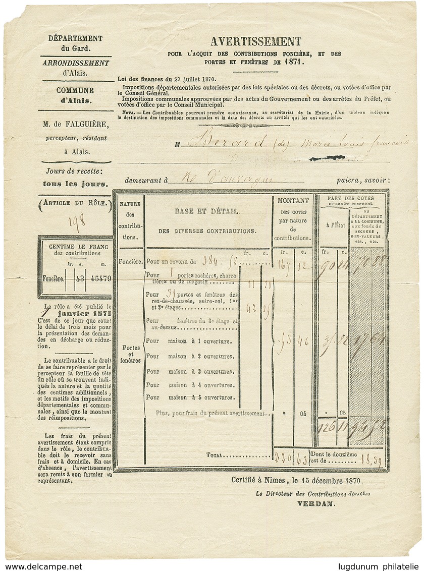 1871 1c BORDEAUX (n°39) TB Margé Obl. T.17 ALAIS Sur IMPRIME Complet. Rare. Signé BRUN. TTB. - 1870 Bordeaux Printing