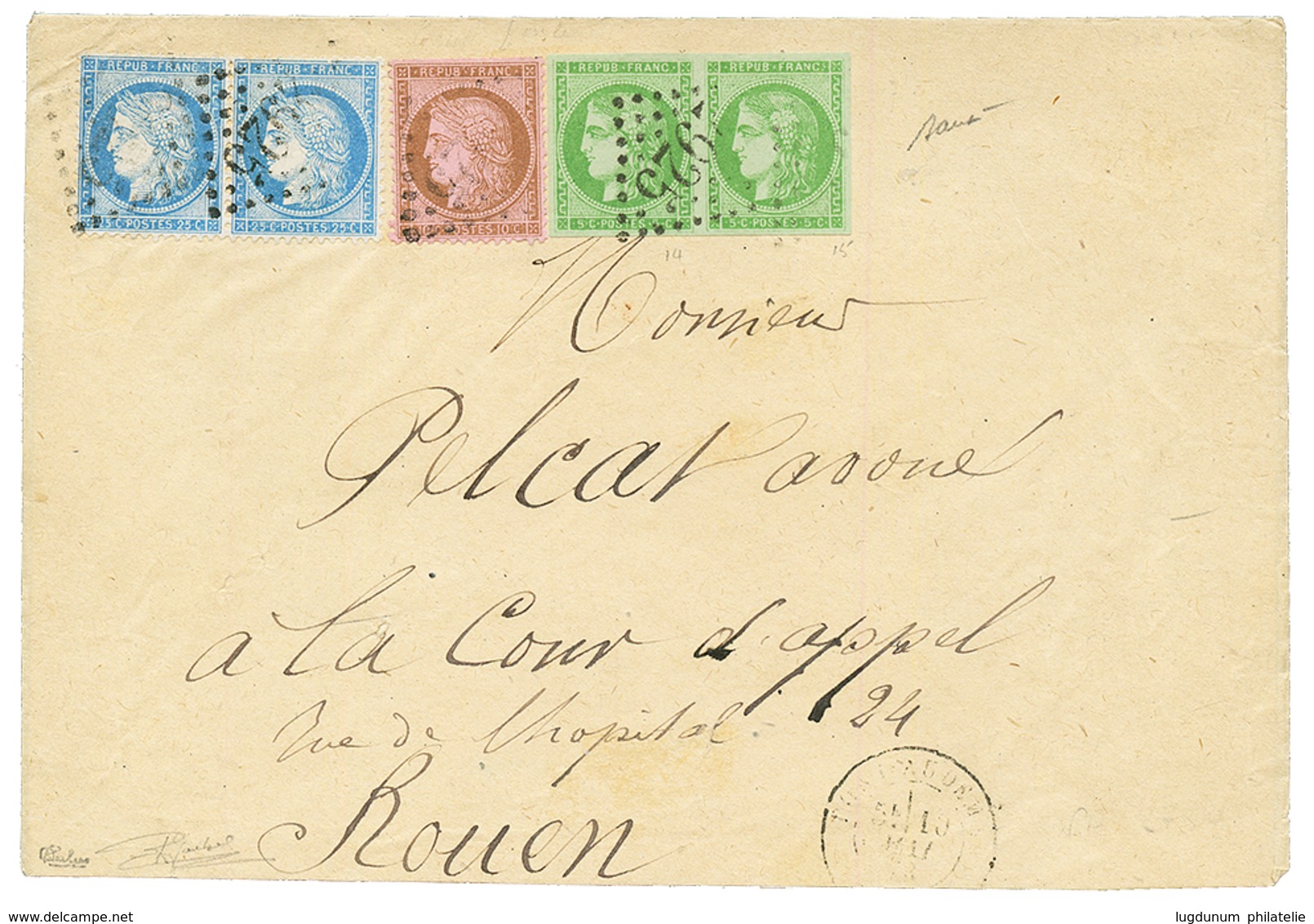 1873 Superbe Paire Du 5c BORDEAUX (n°42) + CERES 10c + Paire 25c (n°60) Obl. GC 2925 Sur Enveloppe De PONT AUDEMER Pour  - 1870 Bordeaux Printing