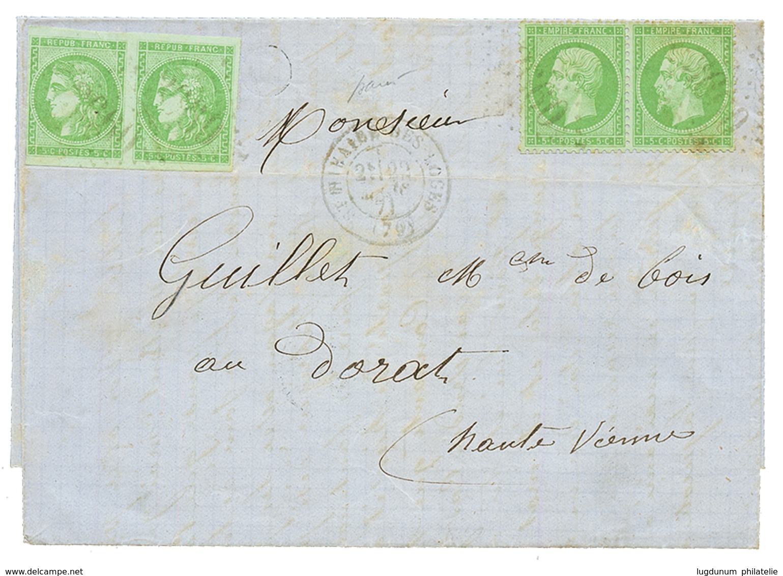 1871 Paire 5c BORDEAUX (n°42) Intacte + Paire 5c EMPIRE (n°20) Obl. GC 3660 + T.17 ST HILAIRE DES LOGES. Combinaison Rar - 1870 Bordeaux Printing