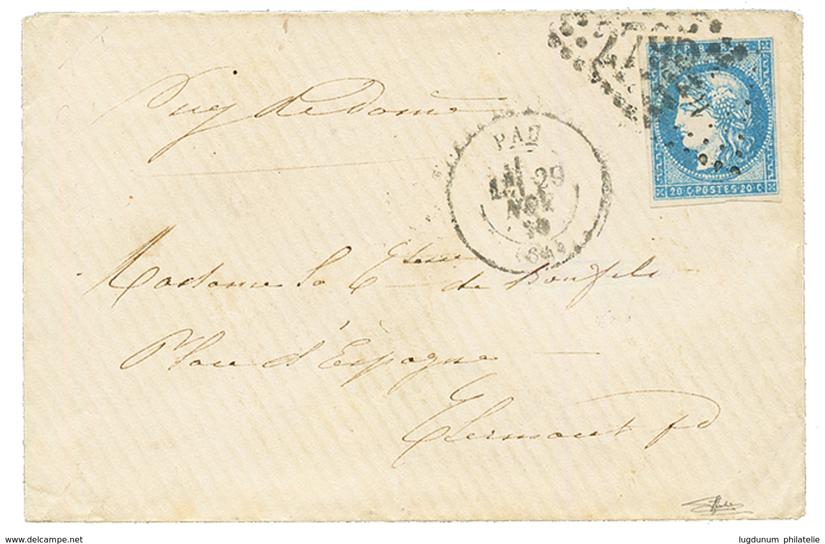 1870 20c BORDEAUX Type I (n°44) Non Touché Obl. GC 2795 + T.17 PAU Sur Lettre. Cote 1200€. TB. - 1870 Bordeaux Printing