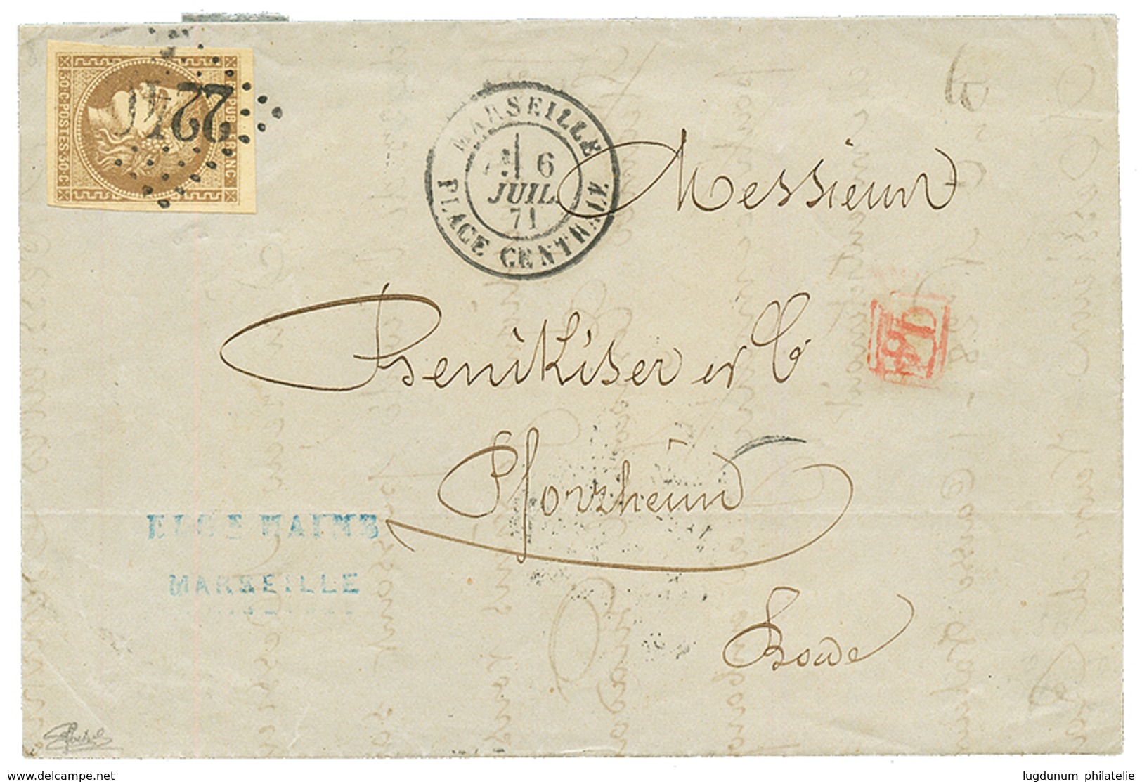 1871 30c BORDEAUX (n°47) TTB Margé Sur Lettre De MARSEILLE Pour PFORZHEIM (DUCHE De BADE). Superbe Qualité. - 1870 Bordeaux Printing