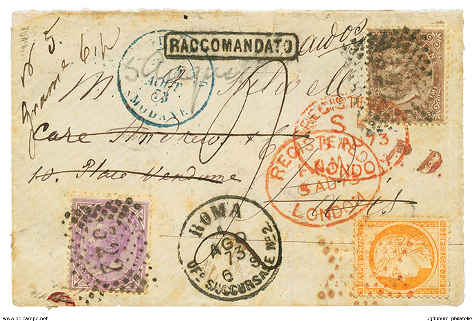 "Affrt Mixte ITALIE / FRANCE En RECOMMANDE " : 1873 ITALIE 30c + 60c Obl. 322 + ROMA Sur Enveloppe RECOMMANDEE Pour PARI - 1871-1875 Ceres