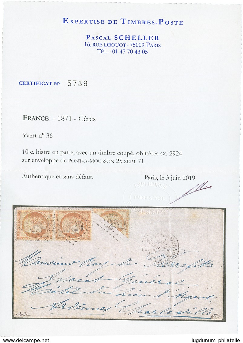 1871 Paire 10c SIEGE (n°36) + Coupé Du 10c SIEGE (n°36) Sur Enveloppe De PONT_A_MOUSSON Pour CHARLEVILLE. Cote 10 000€++ - 1871-1875 Ceres