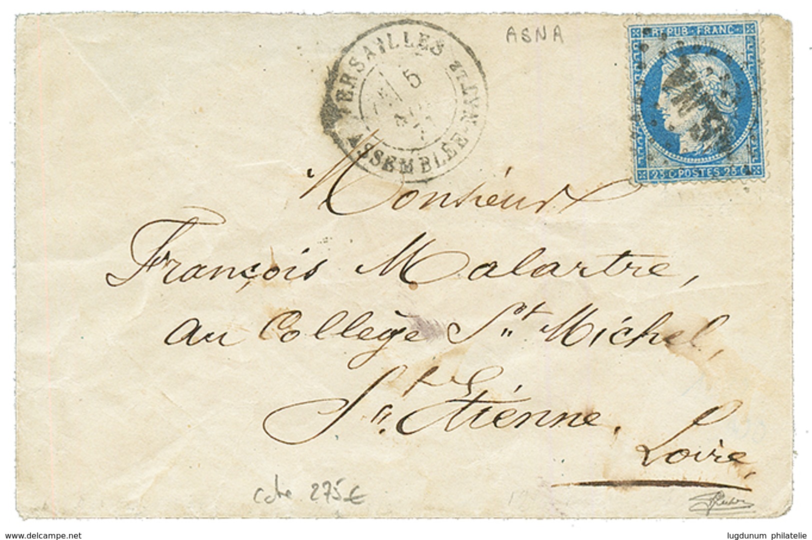 "ASSEMBLEE NATIONALE " : 1873 25c CERES (n°60) Obl. VERSAILLES ASSEMBLEE NATle Sur Enveloppe Pour ST ETIENNE. TTB. - 1871-1875 Cérès