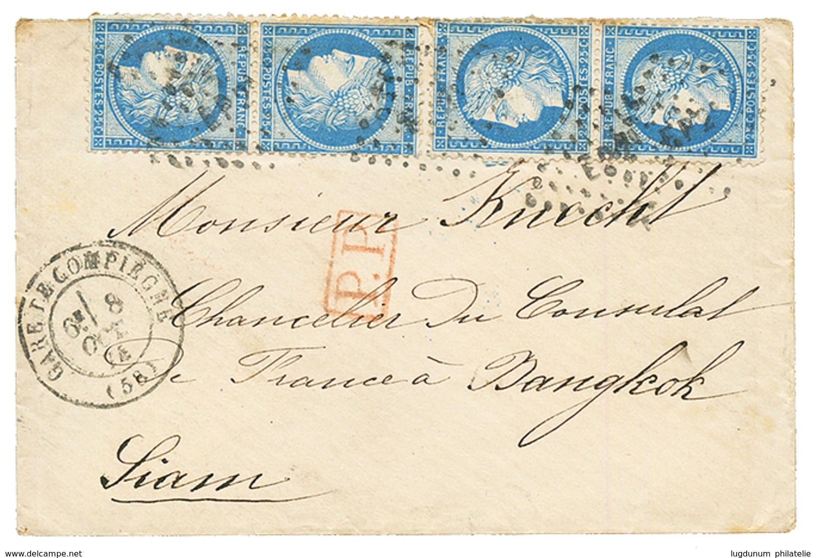 "Tarif PRE-U.P.U Pour Le SIAM" : 1874 2 Paires Du 25c CERES (n°60) Obl. Ambulant EP2 + GARE DE COMPIEGNE Sur Enveloppe P - 1871-1875 Cérès