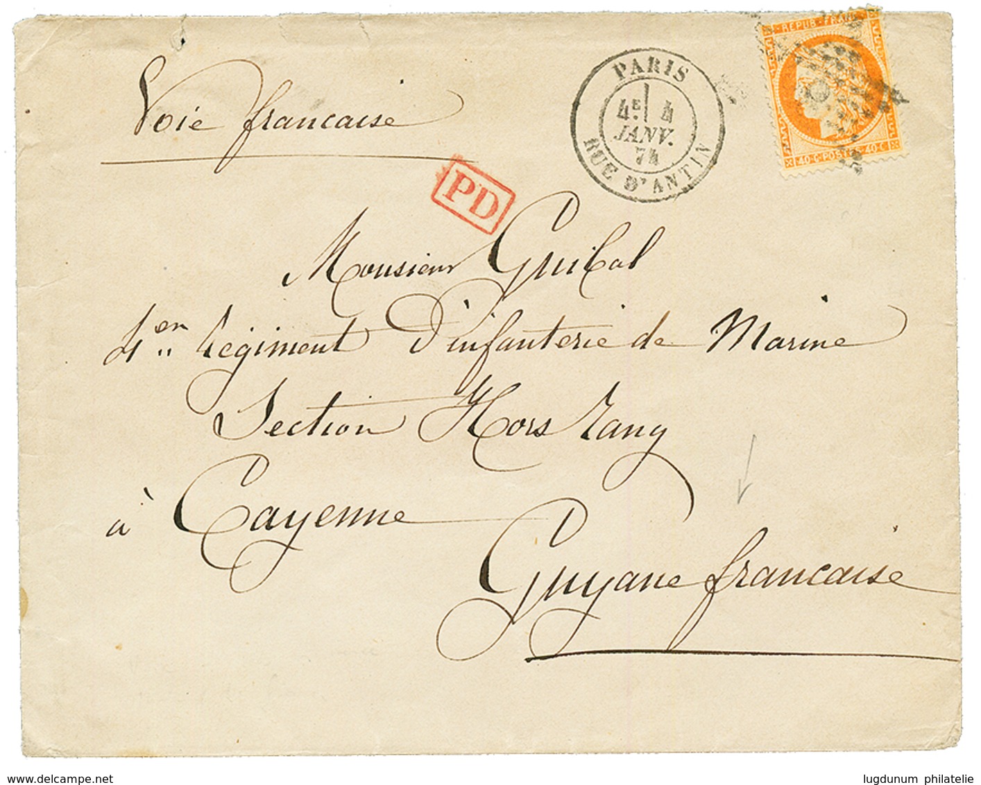 1874 40c SIEGE (n°38) Sur Enveloppe De PARIS Pour Un Militaire à CAYENNE GUYANE. RARE. TTB. - 1871-1875 Ceres