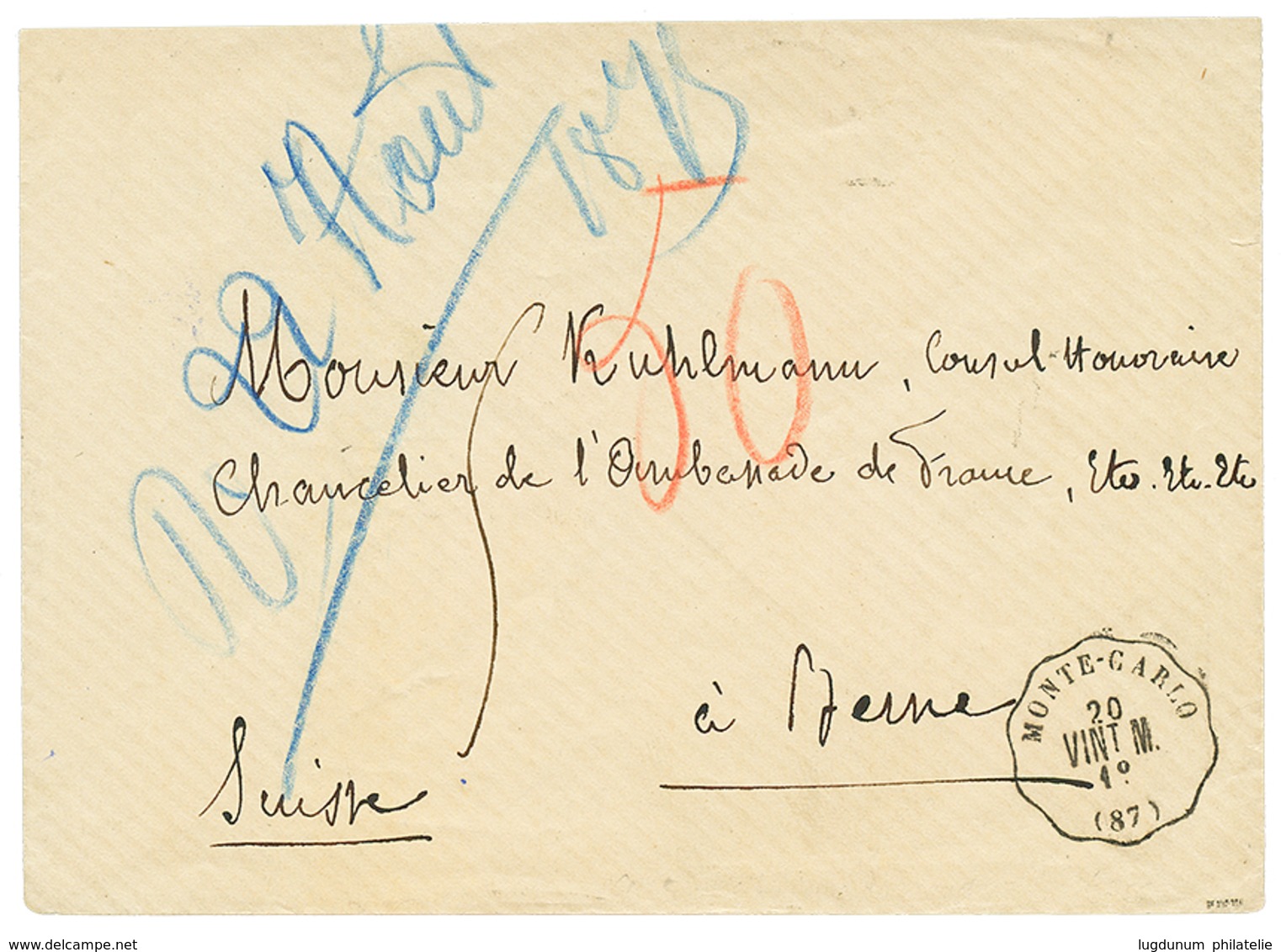 1875 Cachet Convoyeur MONTE-CARLO/VINT.M + Taxe 50 Sur Enveloppe Pour La SUISSE. RARE. Superbe. - Sonstige & Ohne Zuordnung