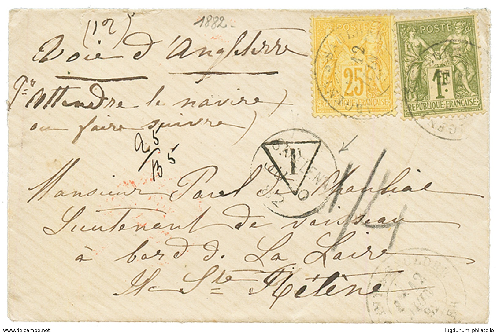 1882 SAGE 25c + 1F Obl. Sur Enveloppe TAXEE Pour ST HELENE. Recto, Cachet ST HELENA + Taxe Anglaise "1/4". Destination R - Sonstige & Ohne Zuordnung
