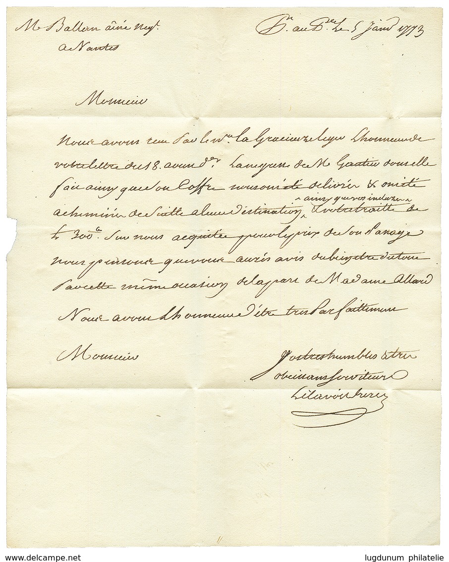 1773 "COLONIE PAR" Manuscrit + Cachet LES SABLES Sur Lettre Avec Texte De PORT AU PRINCE ( HAITI ) Pour NANTES. Très Rar - Schiffspost