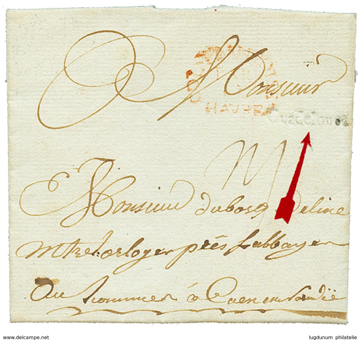 1785 Trés Rare Cachet COL. FRANCOISE/PAR/LE/HAVRE En Rouge ( Indice 29 ) + Cachet Guadeloupe Jamet N°2 (frappe à Moitié  - Schiffspost