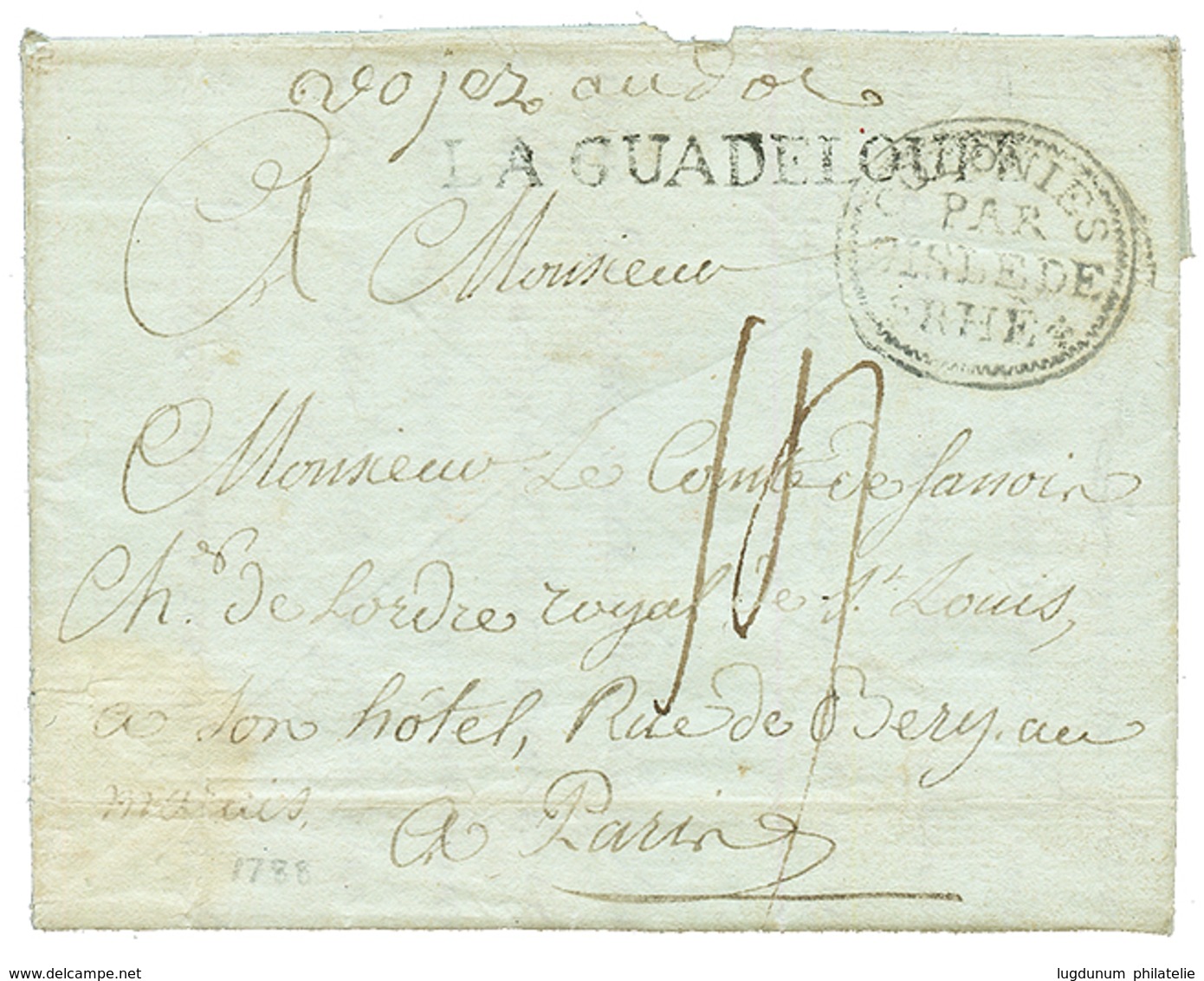 1788 COLONIES PAR L'ISLE DE RHE Orné + Cachet Rare LA GUADELOUPE (Jamet N°3) Sur Lettre(pd) Avec Texte Daté "GUADELOUPE" - Schiffspost